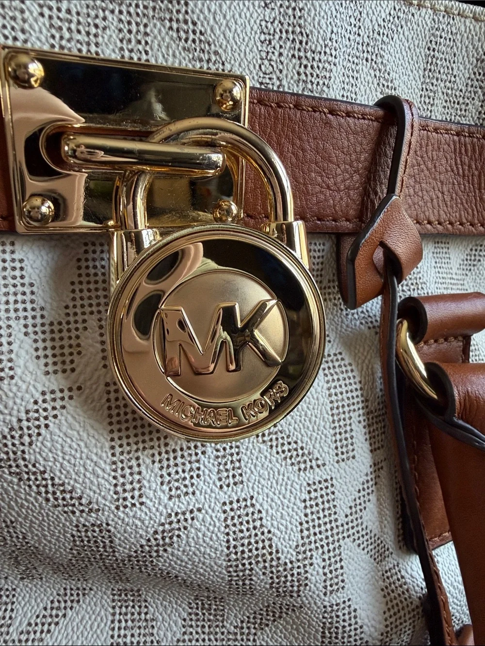 Michael Kors Cream Signature Monogram Satchel with Brown Trim and Gold Hardware